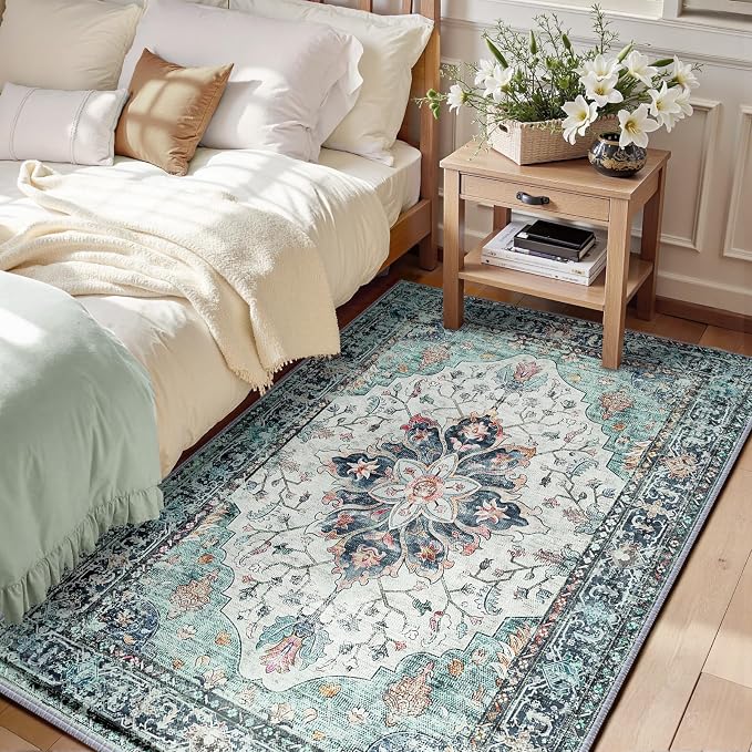 RELEANY Washable Area Rug, Teal Green/White/Navy | Non-Slip, Water Repellent - Image 9