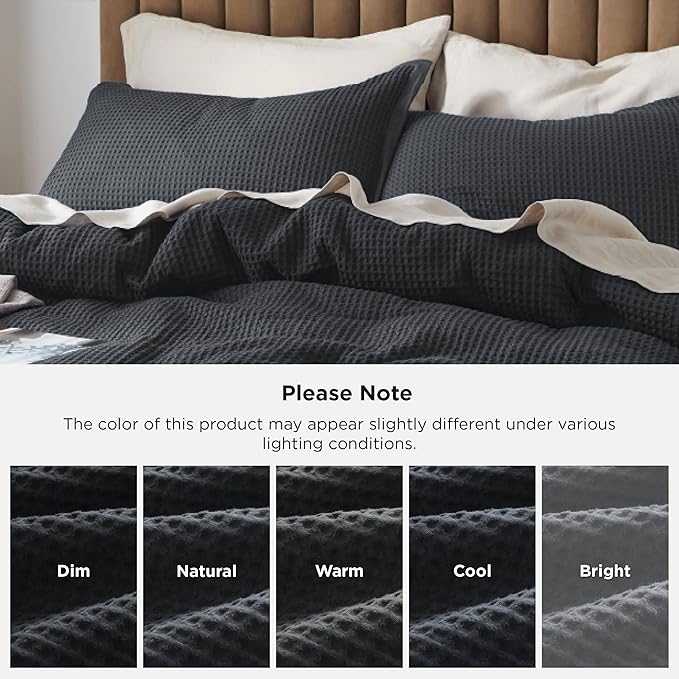 Bedsure 100% Cotton Duvet Cover Queen Size with Fitted Sheet - 4 Pieces Charcoal Waffle Weave Bedding Set, GentleSoft™ and Breathable, Includes 1 Duvet Cover 90x90, 1 Fitted Sheet, 2 Pillow Shams