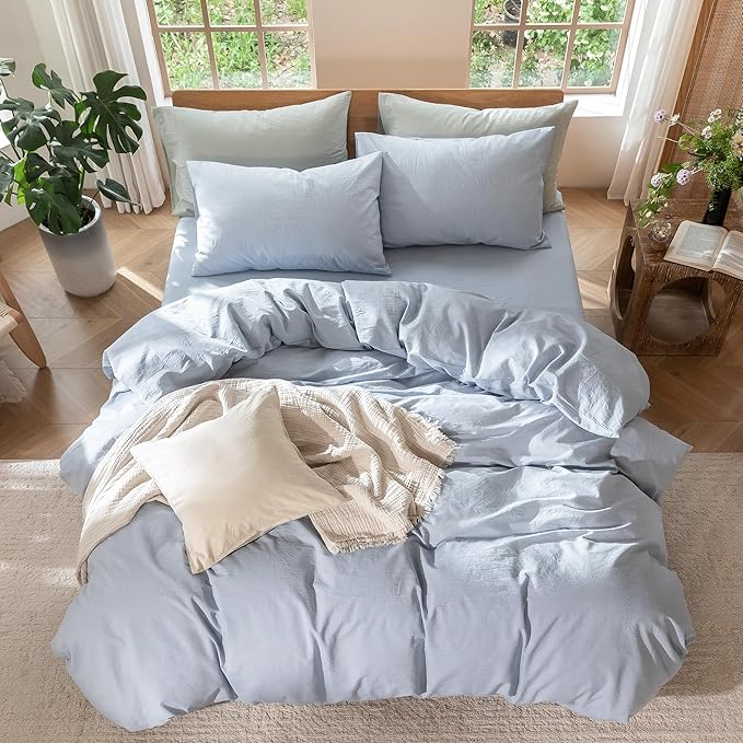 MooMee Bedding Duvet Cover Set 100% Washed Cotton Linen Like Textured Breathable Durable Soft Comfy (Heathered Cornflower Blue, Oversized Full 82"x86")
