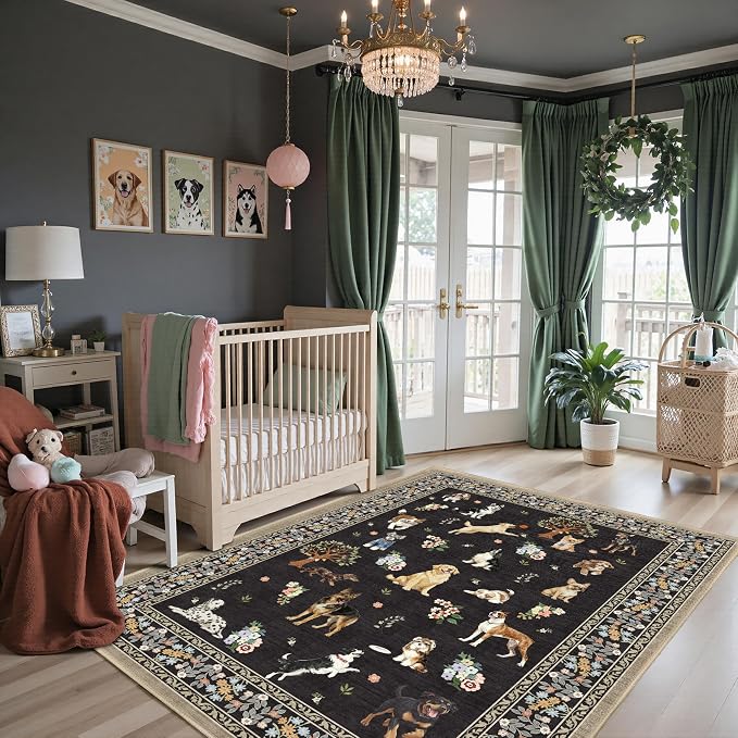 Black Floral Area Rug 4x6 for Bedroom Dining Room | Low Pile; Non Slip;Machine by WelcometoBabovid