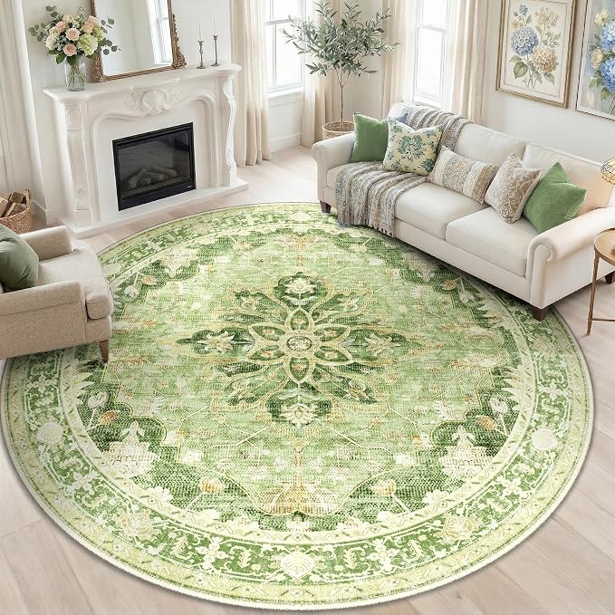 RELEANY Washable Area Rug, Round 8ft, Water Repellent, Pet Friendly, Vintage by RELEANY