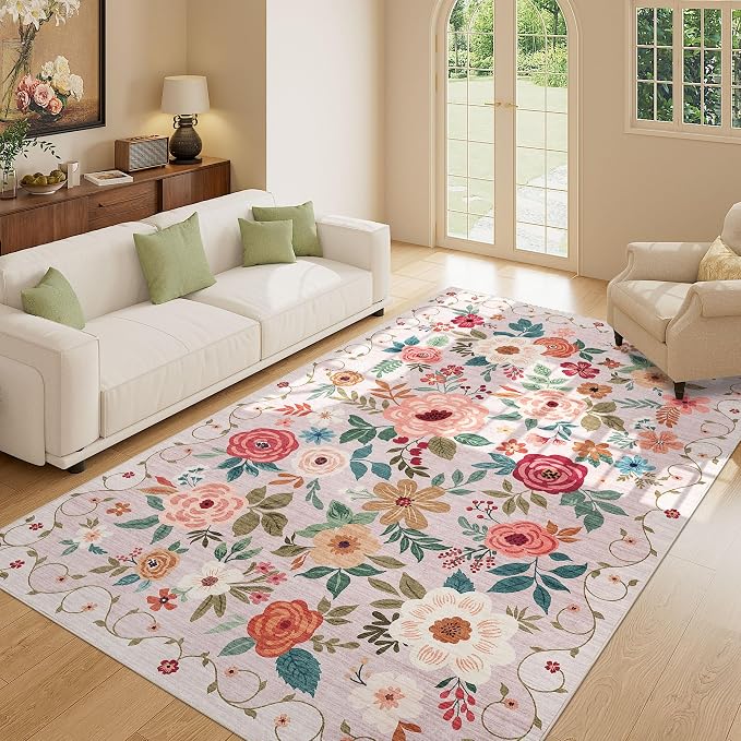 DUKINO 5x8 Area Rug for Bedroom, Soft Floral Washable Rug Non Slip, - Image 7