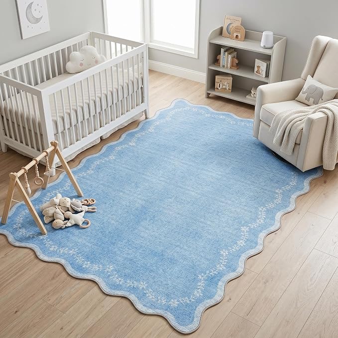GarveeHome 4x6 Scalloped Washable Area Rug Blue Nursery Kids Bedroom Rug | Soft by GarveeHome