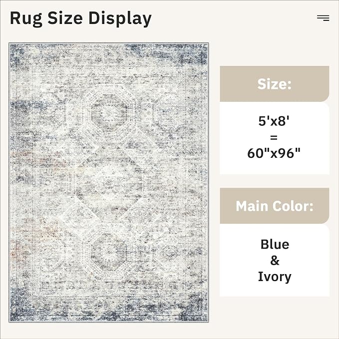 Soalmost 5x8 Area Rugs Blue/Ivory Low Pile Washable Trendy Faded Style Rug | - Image 5