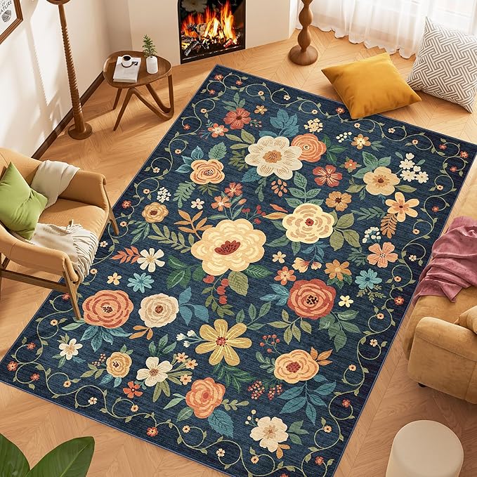 DUKINO 8x10 Area Rugs, Floral Washable Living Room Rug Non Slip, Stain Resistant - Image 3