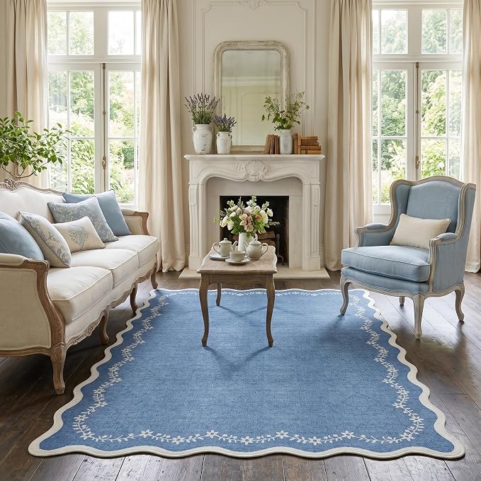 GarveeHome 5x7 Scalloped Area Rug Blue Washable Bedroom Living Room Rug | Soft - Image 3