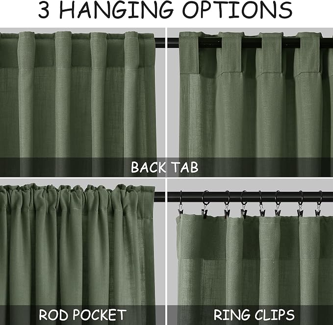 Olive Green Linen Sheer Curtains 96 Inches Long 2 Panel Set Back Tab Rod Pocket - Image 2