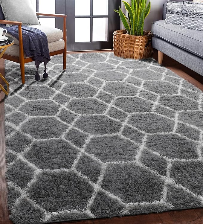 5x7 Area Rugs for Living Room Bedroom, Fluffy Grey and White Geometric Rug | - Image 5