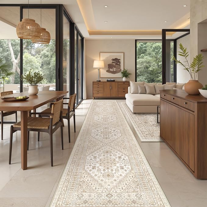 Washable Runner Rug 2.5x14, Long Kitchen Rugs Non-Slip, Cream/Beige | Vintage - Image 5