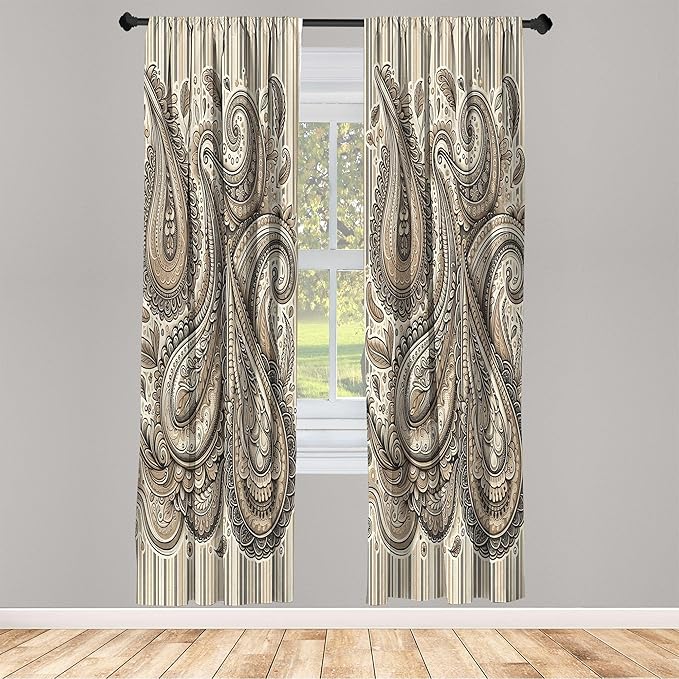 Ambesonne Paisley Curtains, Delicate Bohemian Leafy Motives on Stripes in Neutral Muted Colors, Window Treatments 2 Panel Set for Living Room Bedroom, Pair of - 28" x 63", Warm Taupe Ivory and Sepia
