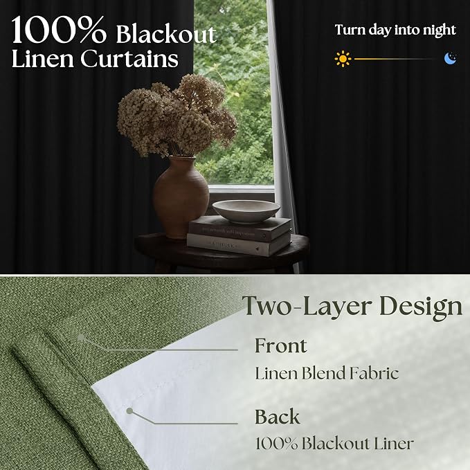 105 Inch Olive Green Linen Pinch Pleated Blackout Curtains - Image 2