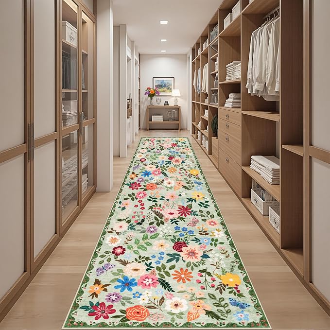 PLHXFR 2.6x14 Washable Runner Rug：Floral Indoor Kitchen Soft Carpet Green | - Image 5