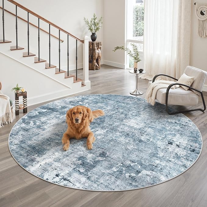 Soalmost Round Rugs 8ft Living Room Circle Area Rug 8x8 Blue/Grey Vintage | - Image 2