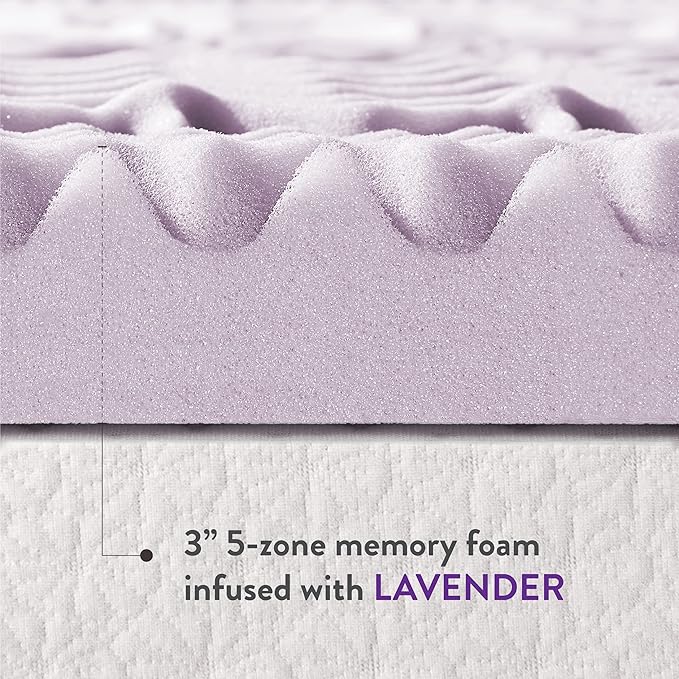 Mellow 3 Inch 5-Zone Memory Foam Mattress Topper, Soothing Lavender Infusion, Dorm Essentials, Full