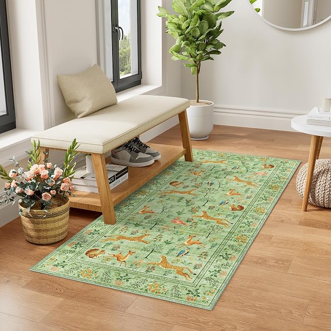 DUKINO 2x5 Rug for Hallway, Washable Animal Runner Rug Non Slip Light Green | by DUKINO