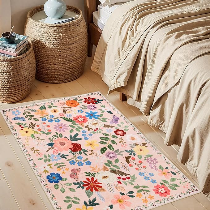 PLHXFR 2x3 Small Entryway Rug: Floral Washable Indoor Soft Carpet Beige | - Image 3