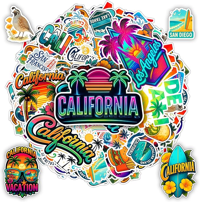 100 PCS California Travel Stickers Pack, Vinyl Waterproof Decals of Beaches Cities Landmarks Food Culture, Fun Gift for Kids Teens Adults Laptop Water Bottle Scrapbook Luggage Car