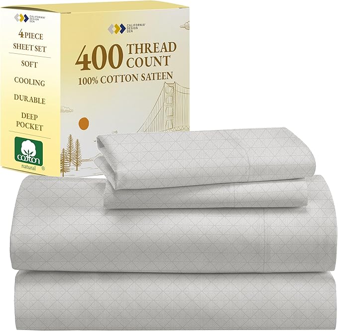 California Design Den California King Sheet Sets - 400 Thread Count Sateen, Natural 100% Cotton Sheets, Deep Pocket Cooling and Durable Bedding Set - Taupish-Sage Crosshatch