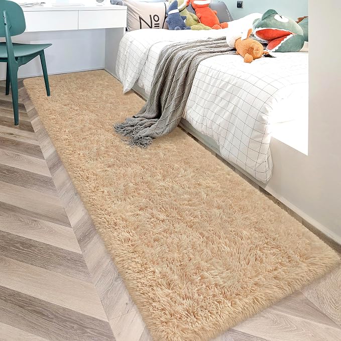 2x10 Bedside Area Rugs for Bedroom Soft Fluffy Shag Beige Rug for Hallway by JiaoBaba