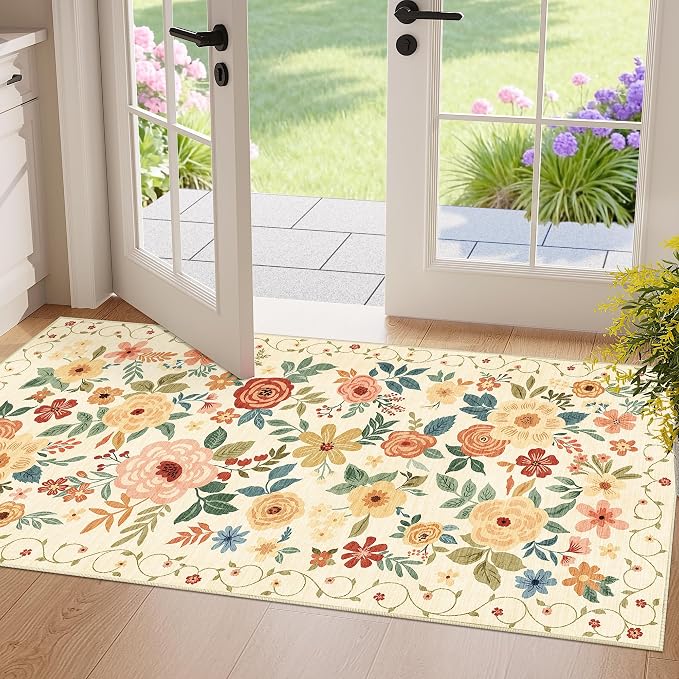 DUKINO 2x4 Entryway Rug, Floral Washable Kitchen Rugs Non Slip Beige Yellow | by DUKINO