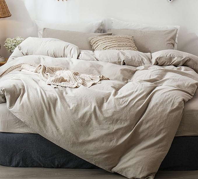 MooMee Bedding Duvet Cover Set 100% Washed Cotton Linen Like Textured Breathable Durable Soft Comfy (Heathered Tannish Linen Grey, Full 80"x90")