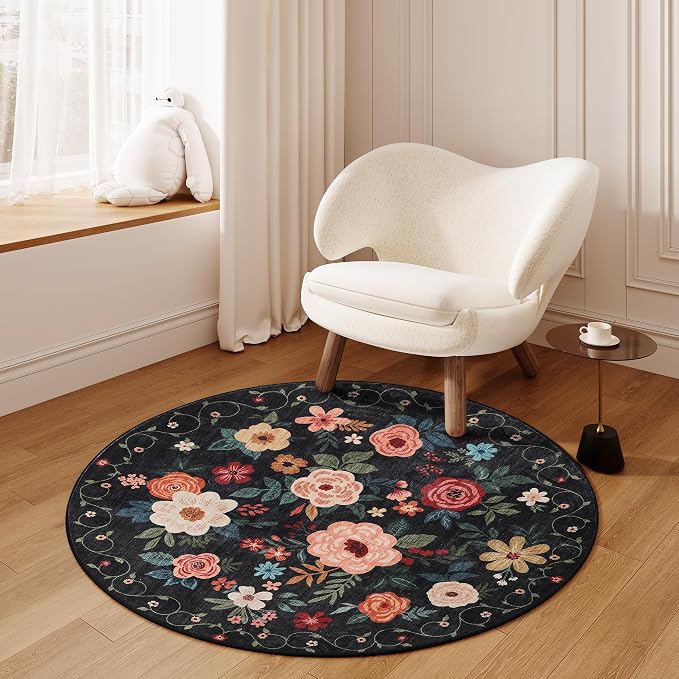 DUKINO 4ft Round Rug, Floral Washable Small Round Area Rug Non Slip, Low Pile - Image 8