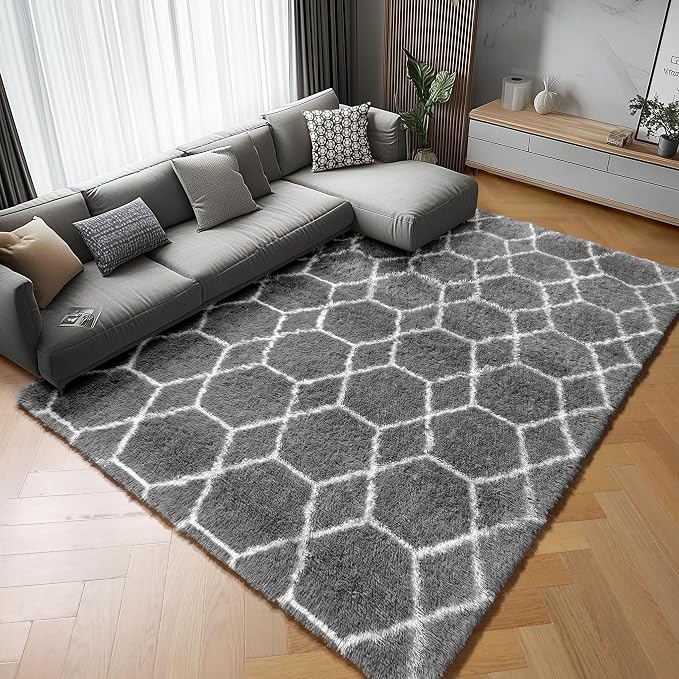 Area Rugs for Living Room, 5x8 Fluffy Grey and White Bedroom Geometric Rug | - Image 3