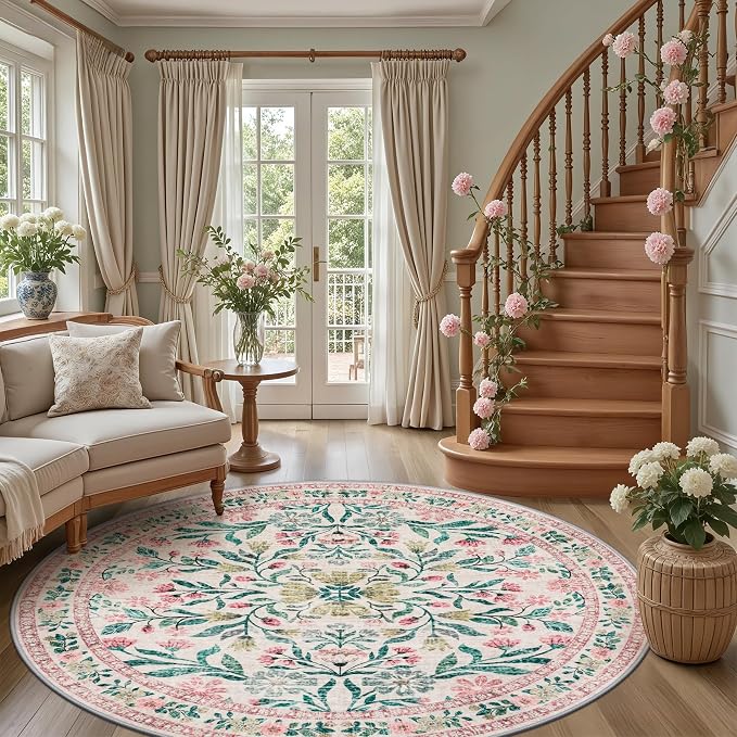 PLHXFR Round Area Rug Living Room: 8 ft Floral Washable Carpet Pink Green | - Image 5
