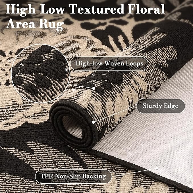 Findosom Washable Area Rug 4x6, Non Slip High-Low Textured Floral Rugs - Image 2