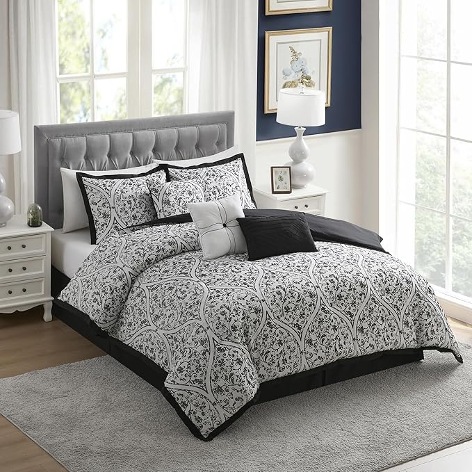 Queen Comforter Set - Complete 7-Piece Bedding Collection - 1 Comforter, 2 Pillow Shams, 1 Bed Skirt & 3 Decorative Accent Pillows - Premium Quality, Queen, Black/White Damask