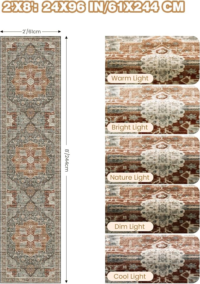 Runner Rug 2x8 Runners for Hallways Washable Rugs, Non Slip Low Pile Soft - Image 2
