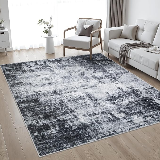 Area Rug Living Room: 6x6 Modern Washable Soft Carpet Dark Black | - Image 2