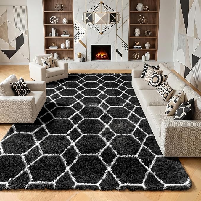 8x10 Area Rugs for Living Room, Fluffy Black and White Bedroom Modern Rug | by ONASAR