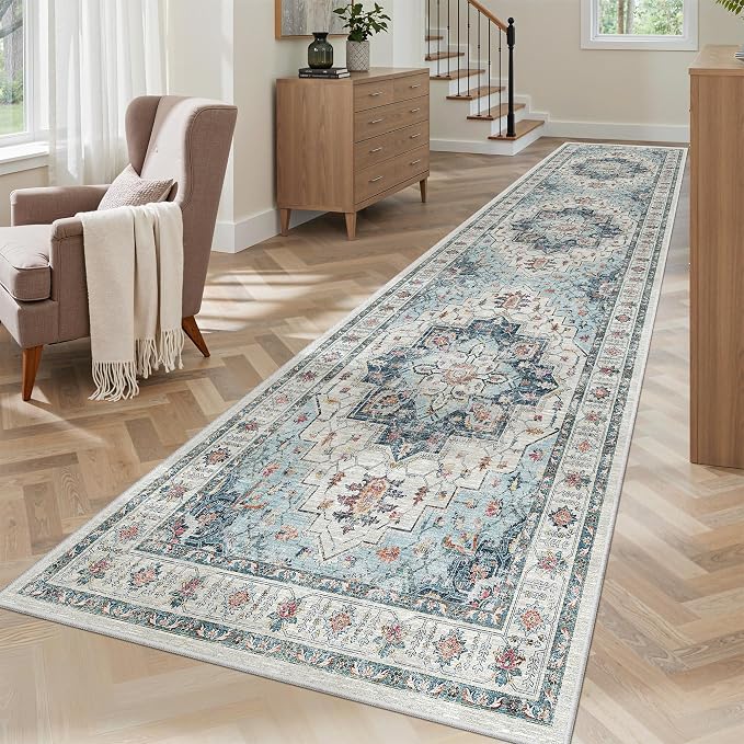 Madane Hallway Runner Rug 2'6''x10' Blue, Washable Vintage Kitchen Runners | - Image 2