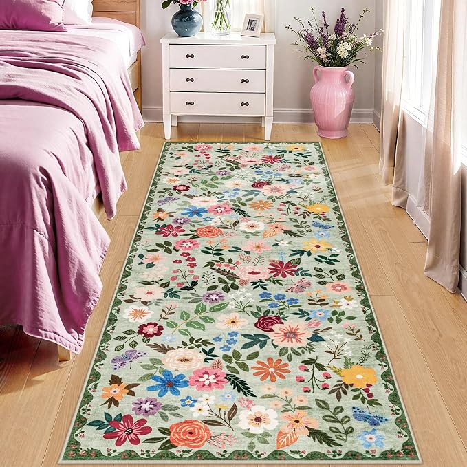 PLHXFR 2.6x8 Washable Runner Rug：Floral Indoor Kitchen Soft Carpet Green | - Image 2