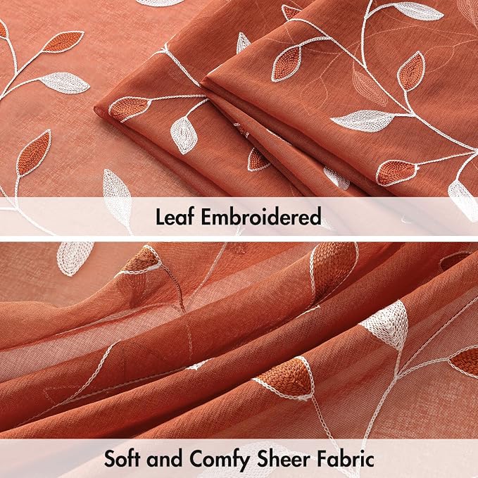 MIULEE Burnt Orange Sheer Fall Curtains 2 Panels Leaf Patterned, W52 x L84 | - Image 4