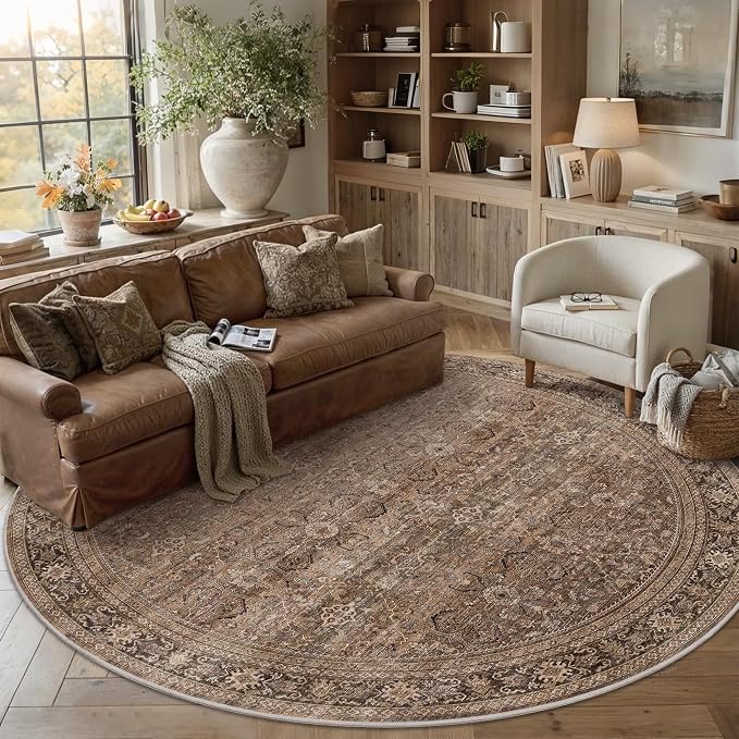 Schweek 8ft Round Rug Vintage Brown Neutral Washable Non-Slip Circle Rugs | by Schweek