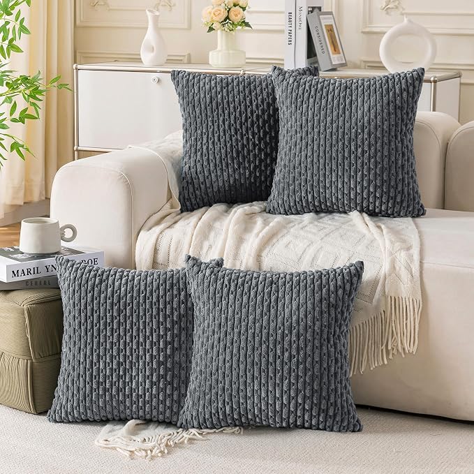 Set of 4 Medium Grey Decorative Throw Pillow Covers 18x18 Inch Corduroy Pillow by Cozoomy