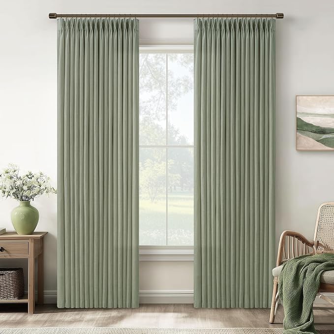 Pleated Memory Shaped Sage Green Linen Semi Sheer Curtains 50 by 80 Inch | by Twodrapes