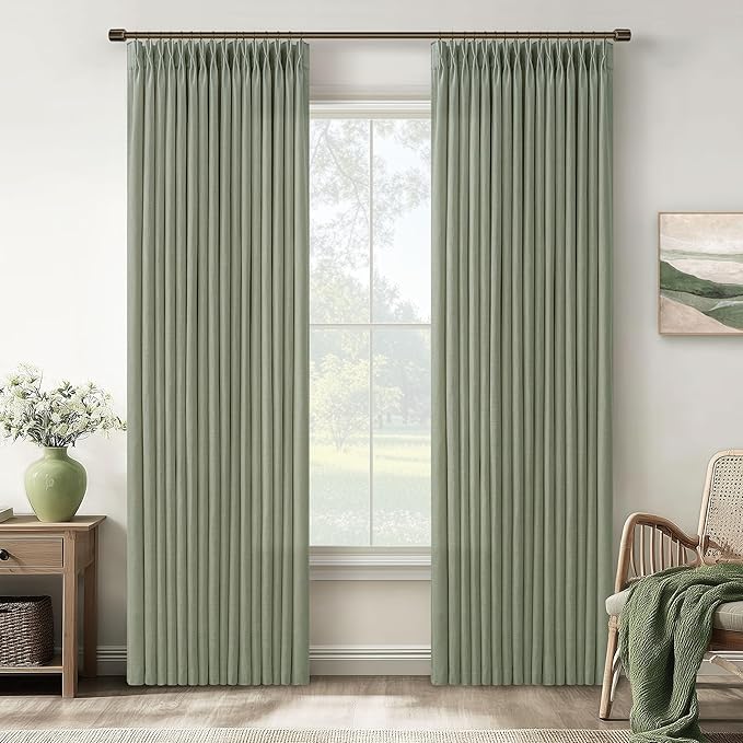 Thick Linen Pinch Pleat Sage Green Light Filtering Curtains 102 Inches Long | by Twodrapes