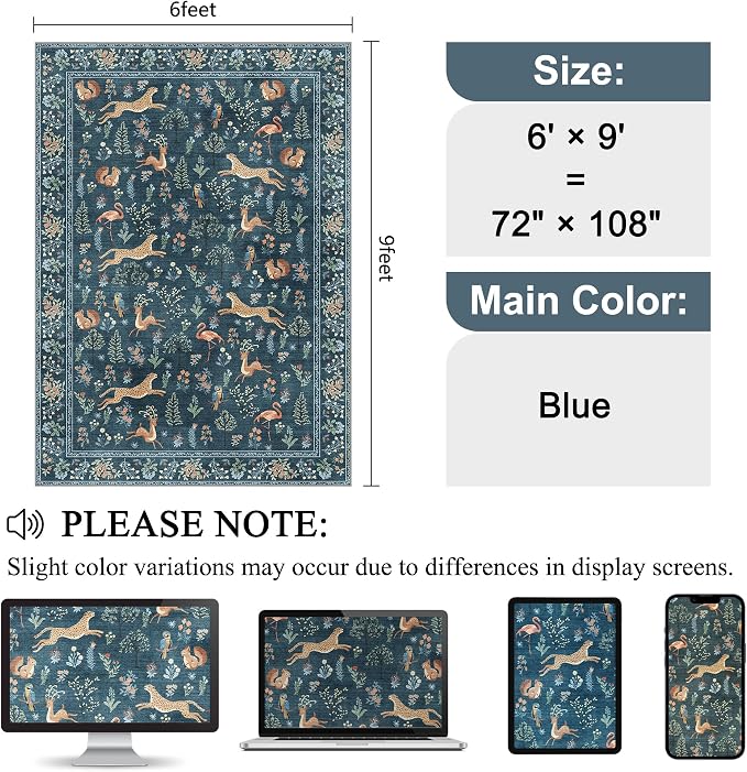 DUKINO 6x9 Area Rug, Washable Animal Living Room Rug Non Slip, Low Pile - Image 2