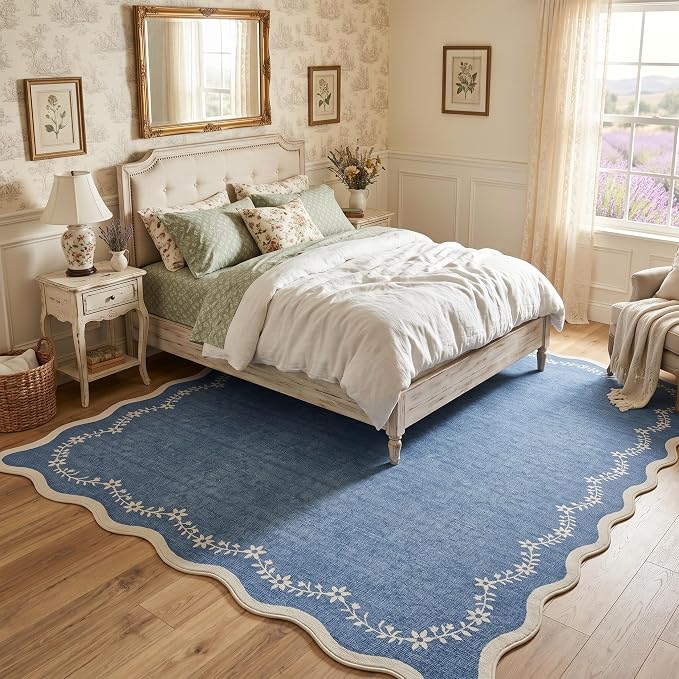 GarveeHome 5x7 Scalloped Area Rug Blue Washable Bedroom Living Room Rug | Soft - Image 2