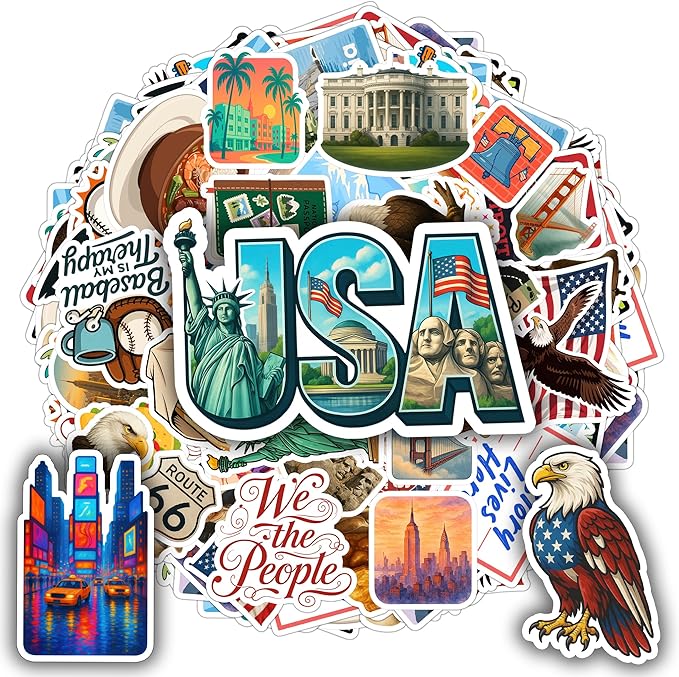 100 PCS USA Travel Stickers Pack – American Quotes, Food & Culture Vinyl Waterproof Decals for Laptop, Water Bottle, Scrapbook, Hard Hat, Car Gift for Kids, Teens, Adults