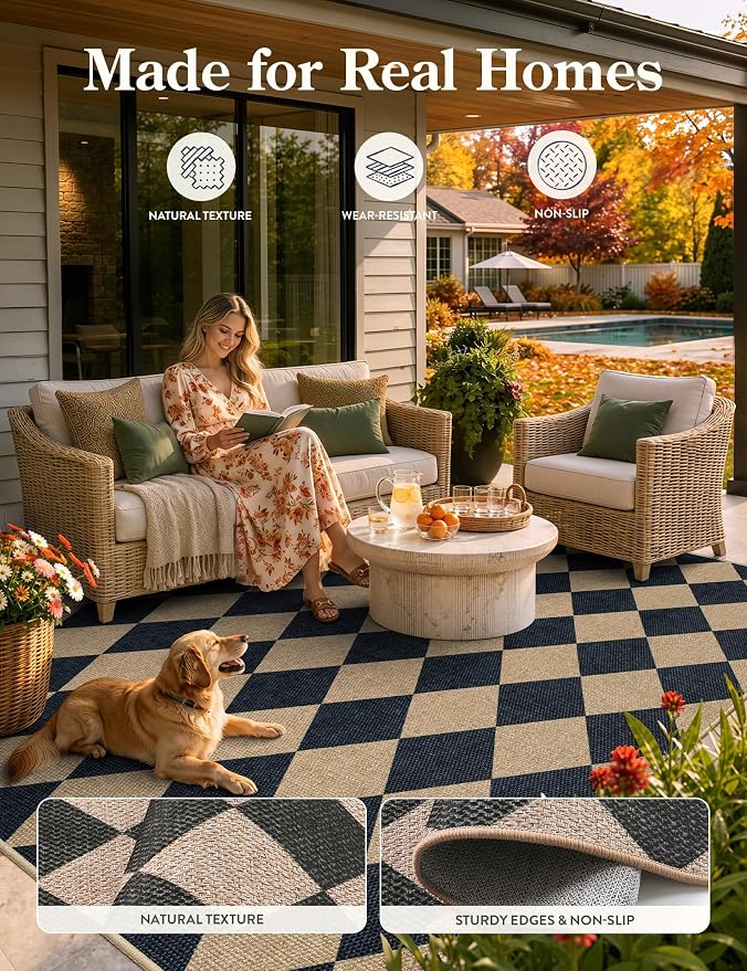 Lahome Checkered Easy Jute 5x7 Area Rugs, Washable Outdoor Patio Rug - Image 3
