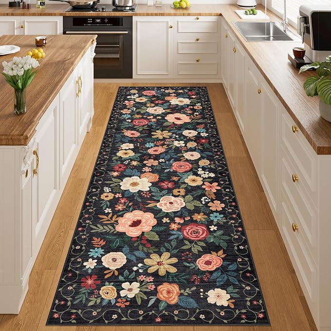 DUKINO 3x10 Runner Rug, Floral Washable Kitchen Runner Rug Non Slip, Low Pile - Image 7