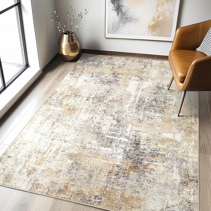 LOONGRUG 3x5 Rug Washable Neutral Modern Abstract Soft Rug Grey Gold | Stain by LOONGRUG