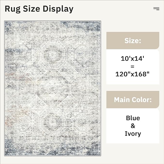 Soalmost 10x14 Area Rugs for Living Room Washable Rug Non-Slip Blue/Ivory | - Image 4