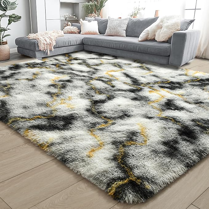4x6 Grey and Gold Fluffy Soft Area Rug Non-Slip - Image 8