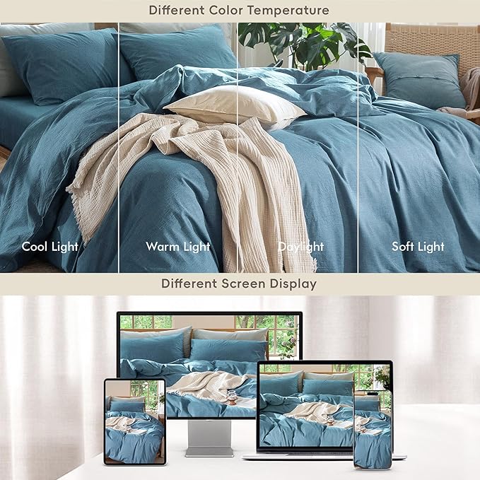 MooMee Bedding Duvet Cover Set 100% Washed Cotton Linen Like Textured Breathable Durable Soft Comfy (Heathered Peacock Blue, Full 80"x90")