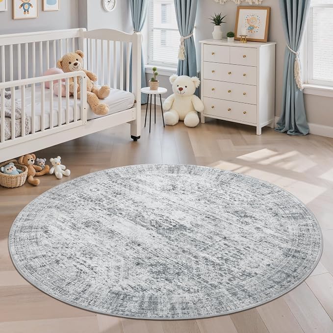 Soalmost 5x5 Grey Round Rug 6ft Circle Living Room Area Rugs Non-Slip | - Image 2